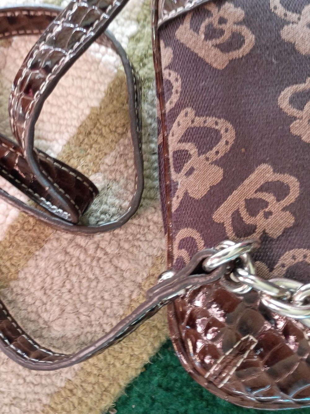 Kathy Van Zeeland Brown Logo Pattern Crossbody with Croc-Embossed Trim